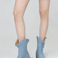 Denim Chain-Link Fringe Ankle Western Cowboy Boots With Square Toe And Hardware Detail - Blue