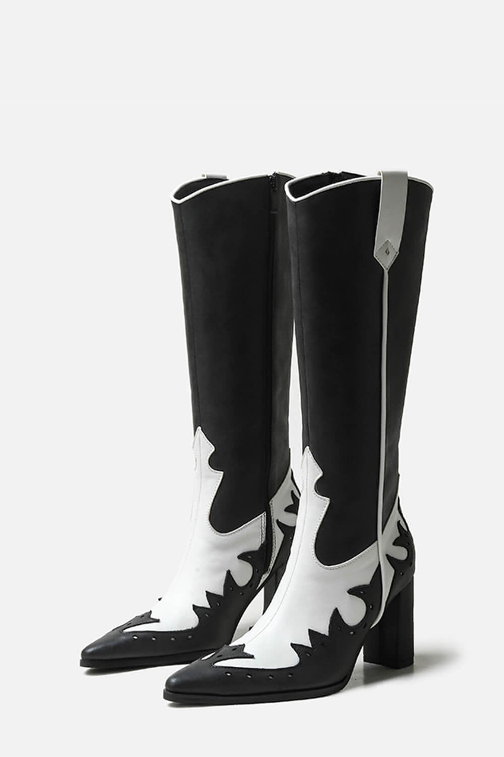 Contrast Western Cowboy Pointed Toe Block Heeled Knee High Boots - Black White