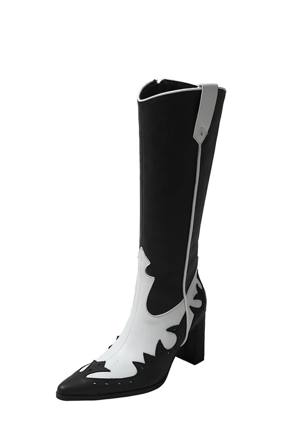 Contrast Western Cowboy Pointed Toe Block Heeled Knee High Boots - Black White