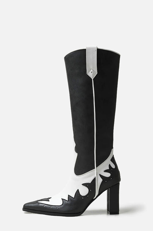 Contrast Western Cowboy Pointed Toe Block Heeled Knee High Boots - Black White