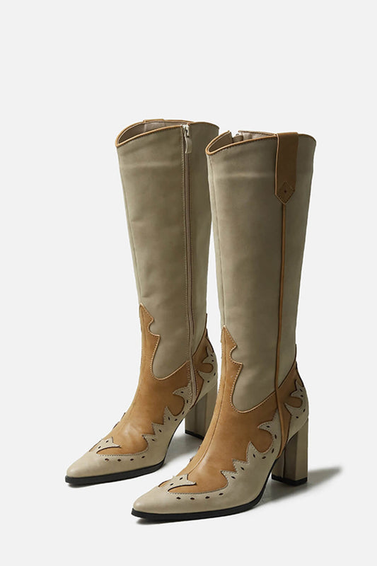Contrast Western Cowboy Pointed Toe Block Heeled Knee High Boots - Brown White