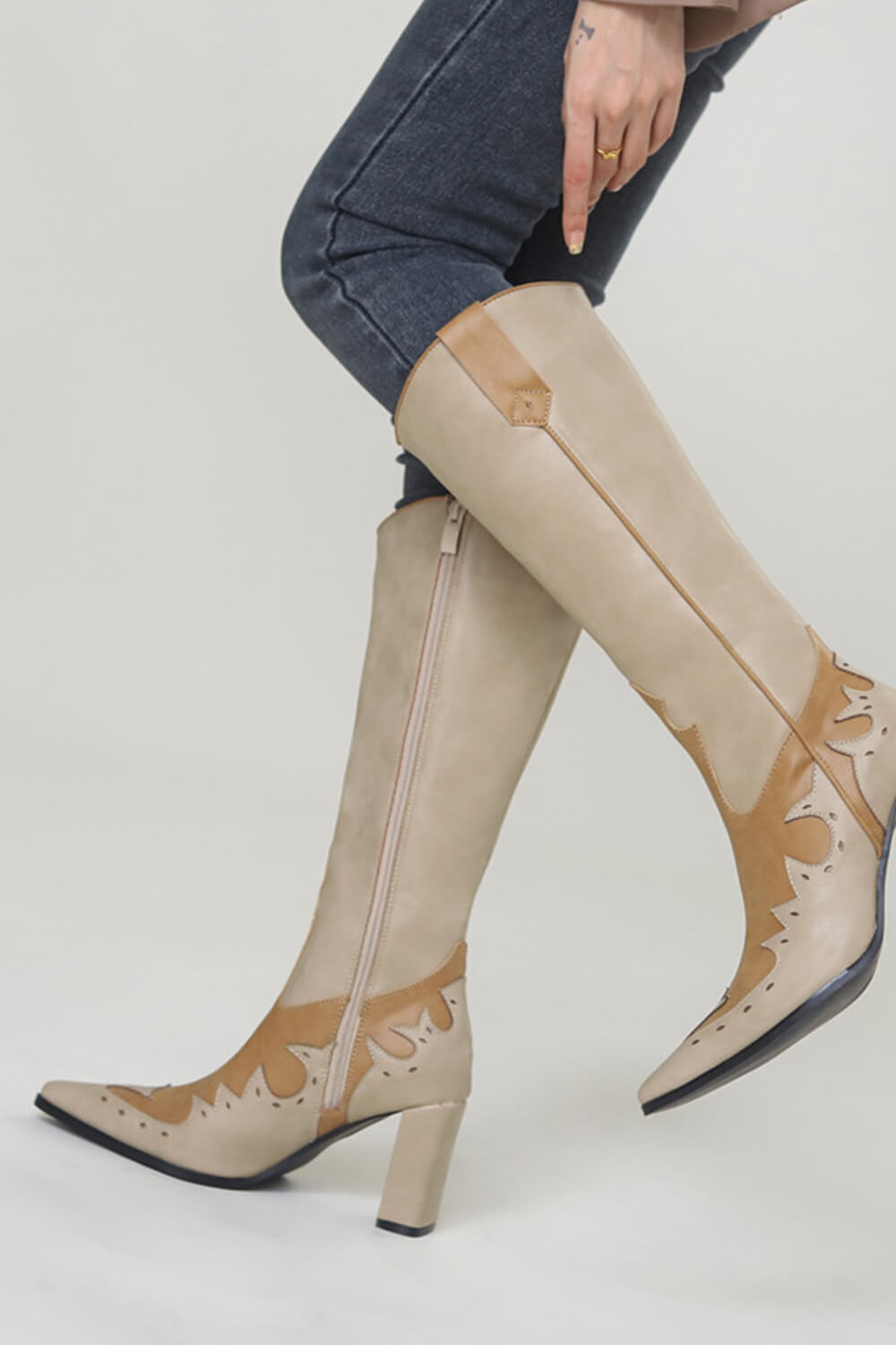 Contrast Western Cowboy Pointed Toe Block Heeled Knee High Boots - Brown White