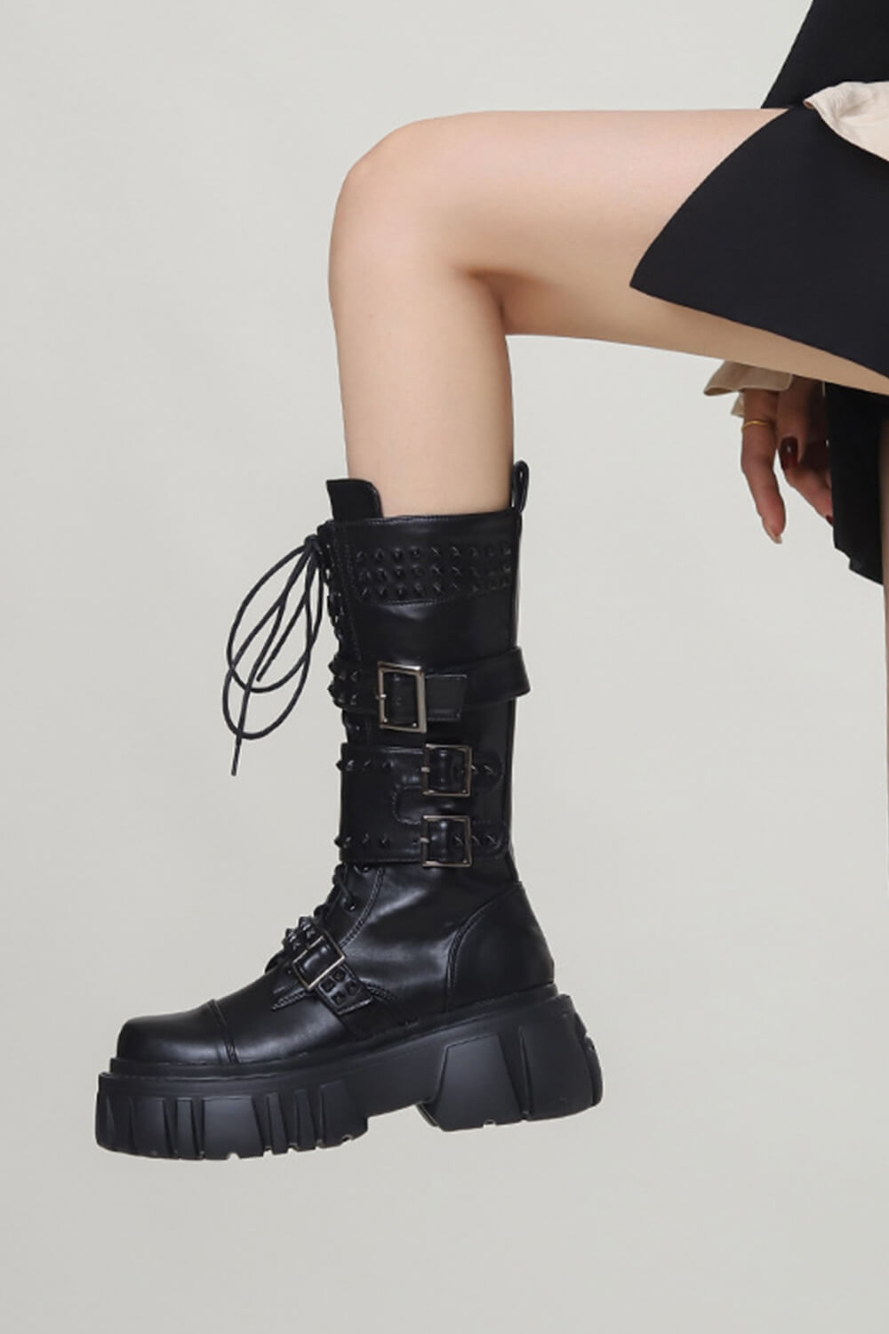 Black Lace Up Buckle Studded Chunky Platform Mid-Calf Combat Boots