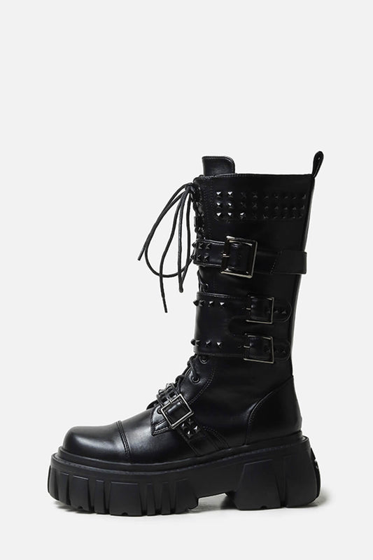 Black Lace Up Buckle Studded Chunky Platform Mid-Calf Combat Boots