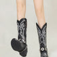 Embroidered Harness Western Cowboy Pointed Toe Block Heeled Ankle Boots - Black White