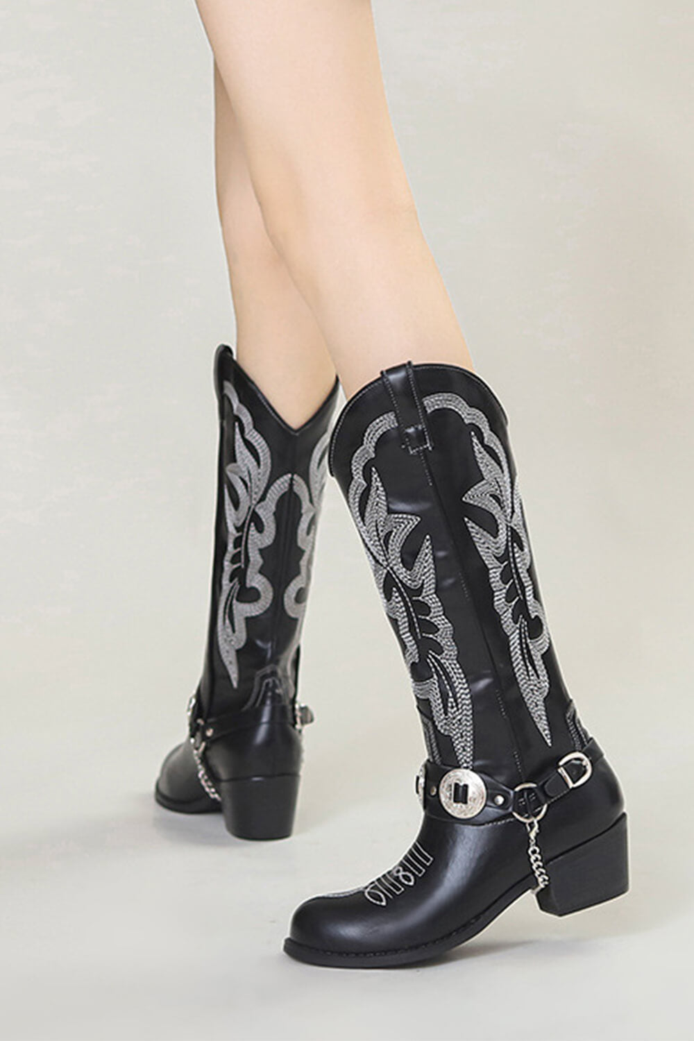 Embroidered Harness Western Cowboy Pointed Toe Block Heeled Ankle Boots - Black White
