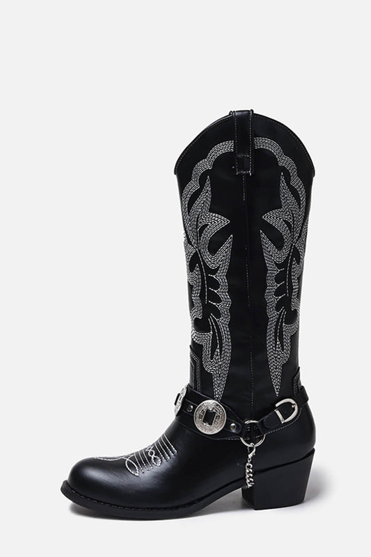 Embroidered Harness Western Cowboy Pointed Toe Block Heeled Ankle Boots - Black White