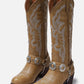 Embroidered Harness Western Cowboy Pointed Toe Block Heeled Ankle Boots - Brown White