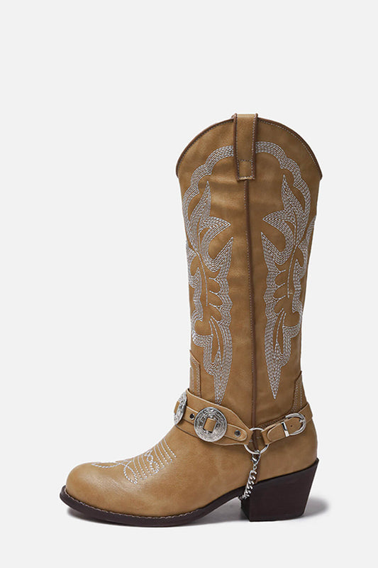 Embroidered Harness Western Cowboy Pointed Toe Block Heeled Ankle Boots - Brown White