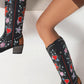 Vintage Floral And Heart Printed Western Cowgirl Block Heeled Knee High Boots - Black