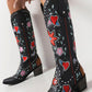 Vintage Floral And Heart Printed Western Cowgirl Block Heeled Knee High Boots - Black