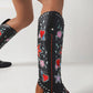 Vintage Floral And Heart Printed Western Cowgirl Block Heeled Knee High Boots - Black