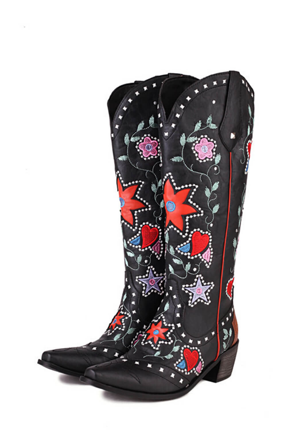 Vintage Floral And Heart Printed Western Cowgirl Block Heeled Knee High Boots - Black