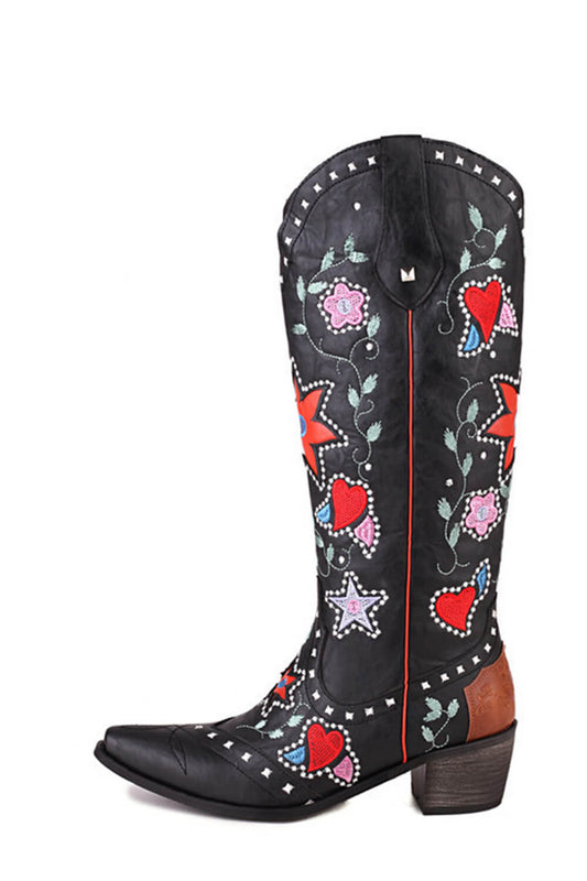 Vintage Floral And Heart Printed Western Cowgirl Block Heeled Knee High Boots - Black