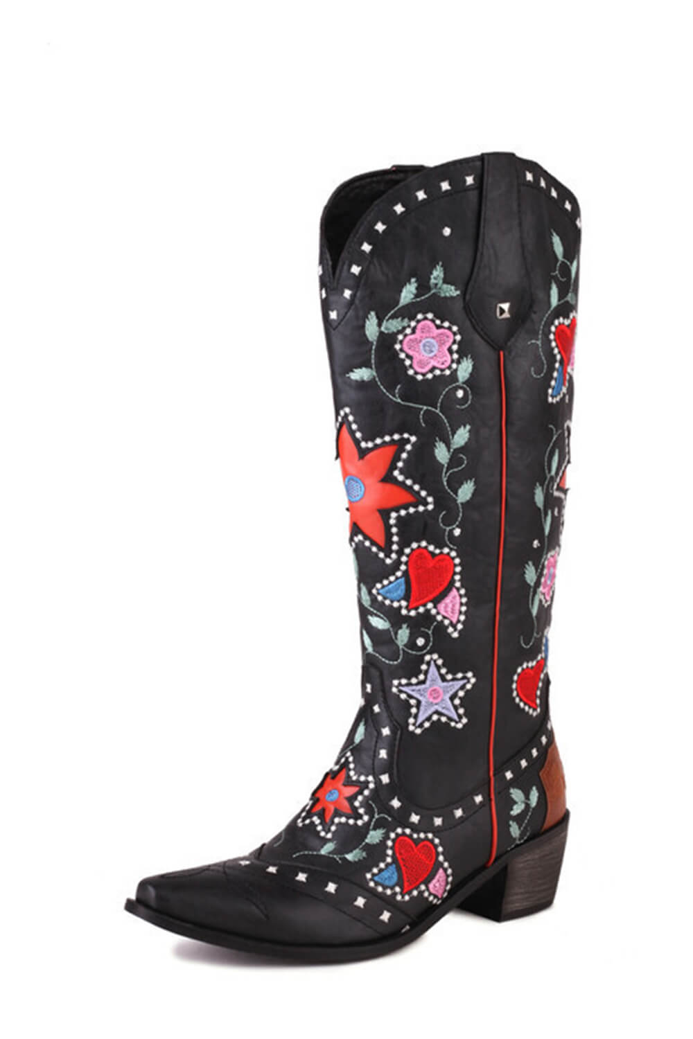 Vintage Floral And Heart Printed Western Cowgirl Block Heeled Knee High Boots - Black