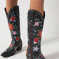 Vintage Floral And Heart Printed Western Cowgirl Block Heeled Knee High Boots - Black