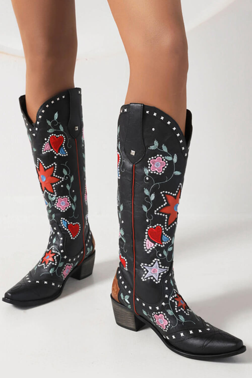 Vintage Floral And Heart Printed Western Cowgirl Block Heeled Knee High Boots - Black