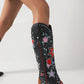 Vintage Floral And Heart Printed Western Cowgirl Block Heeled Knee High Boots - Black