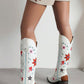 Vintage Floral And Heart Printed Western Cowgirl Block Heeled Knee High Boots - White