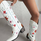 Vintage Floral And Heart Printed Western Cowgirl Block Heeled Knee High Boots - White