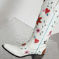 Vintage Floral And Heart Printed Western Cowgirl Block Heeled Knee High Boots - White