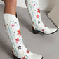 Vintage Floral And Heart Printed Western Cowgirl Block Heeled Knee High Boots - White