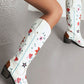 Vintage Floral And Heart Printed Western Cowgirl Block Heeled Knee High Boots - White