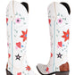 Vintage Floral And Heart Printed Western Cowgirl Block Heeled Knee High Boots - White