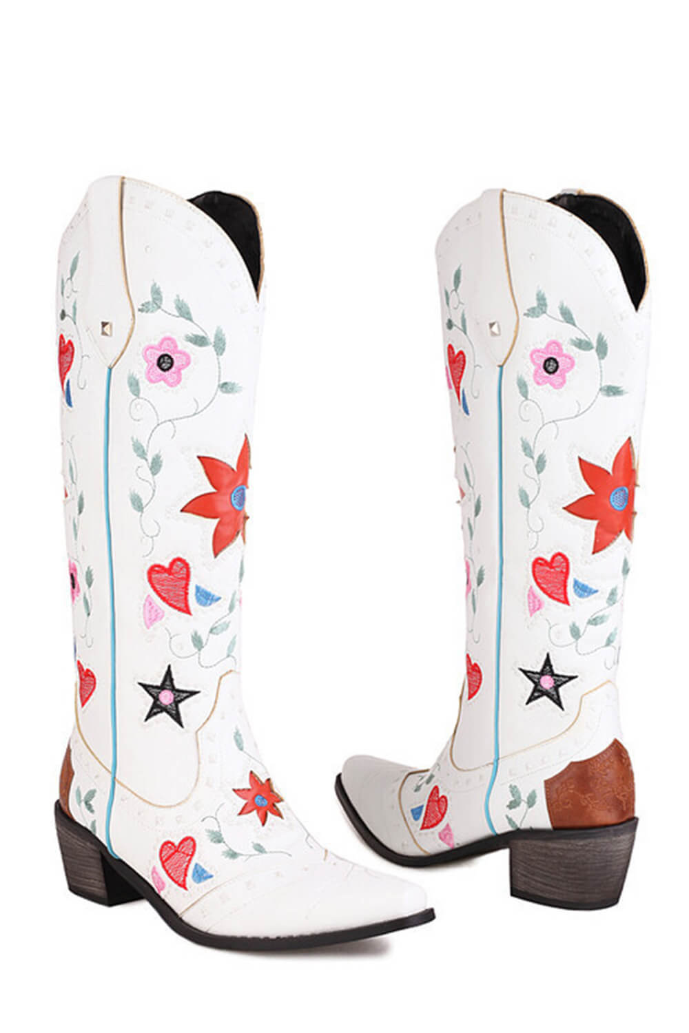 Vintage Floral And Heart Printed Western Cowgirl Block Heeled Knee High Boots - White