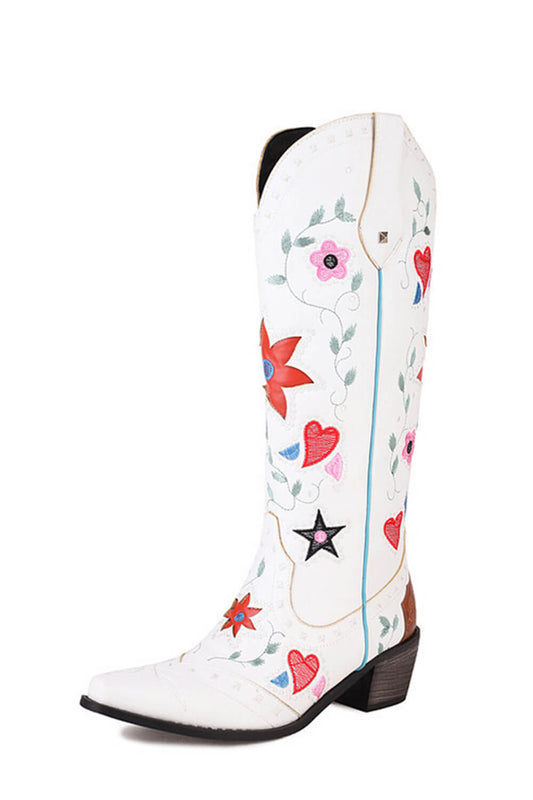 Vintage Floral And Heart Printed Western Cowgirl Block Heeled Knee High Boots - White