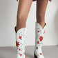 Vintage Floral And Heart Printed Western Cowgirl Block Heeled Knee High Boots - White