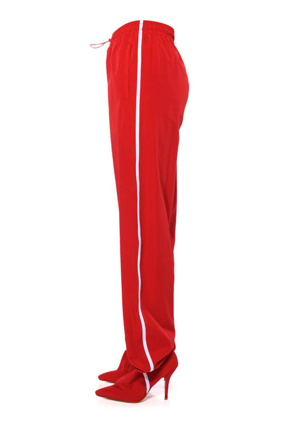 High-Waisted Pointed Toe Stiletto Heel Track Pant Boot With Side Stripes - Red