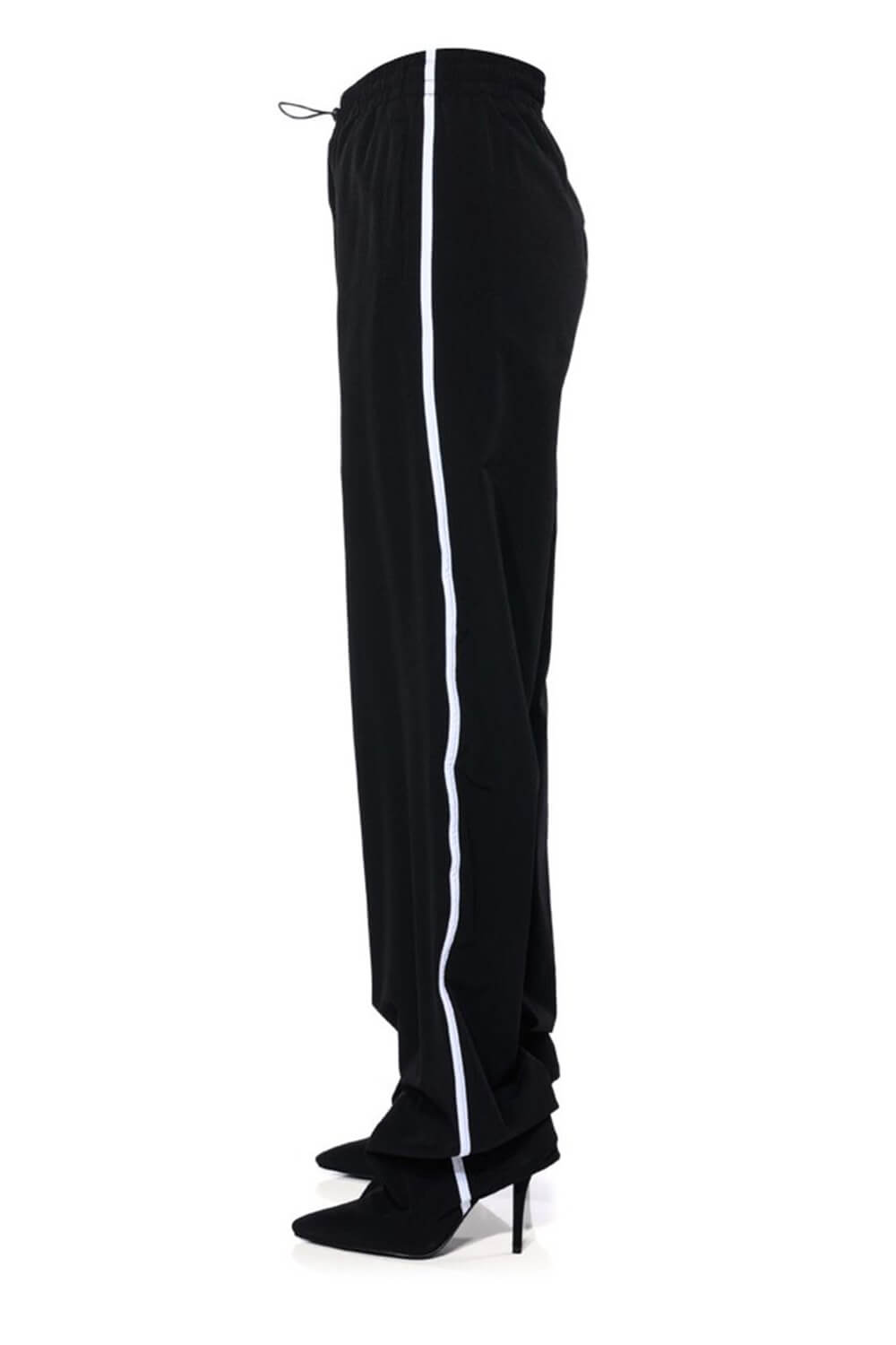 High-Waisted Pointed Toe Stiletto Heel Track Pant Boot With Side Stripes - Black