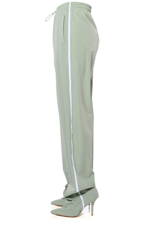 High-Waisted Pointed Toe Stiletto Heel Track Pant Boot With Side Stripes - Sage Green