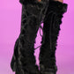 Faux Fur Lace-Up Knee High Chunky Platform Boots - Black