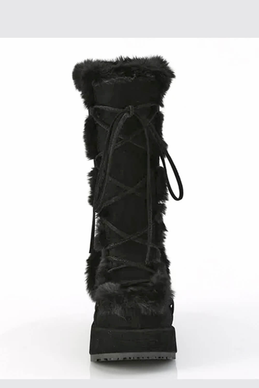 Faux Fur Lace-Up Knee High Chunky Platform Boots - Black
