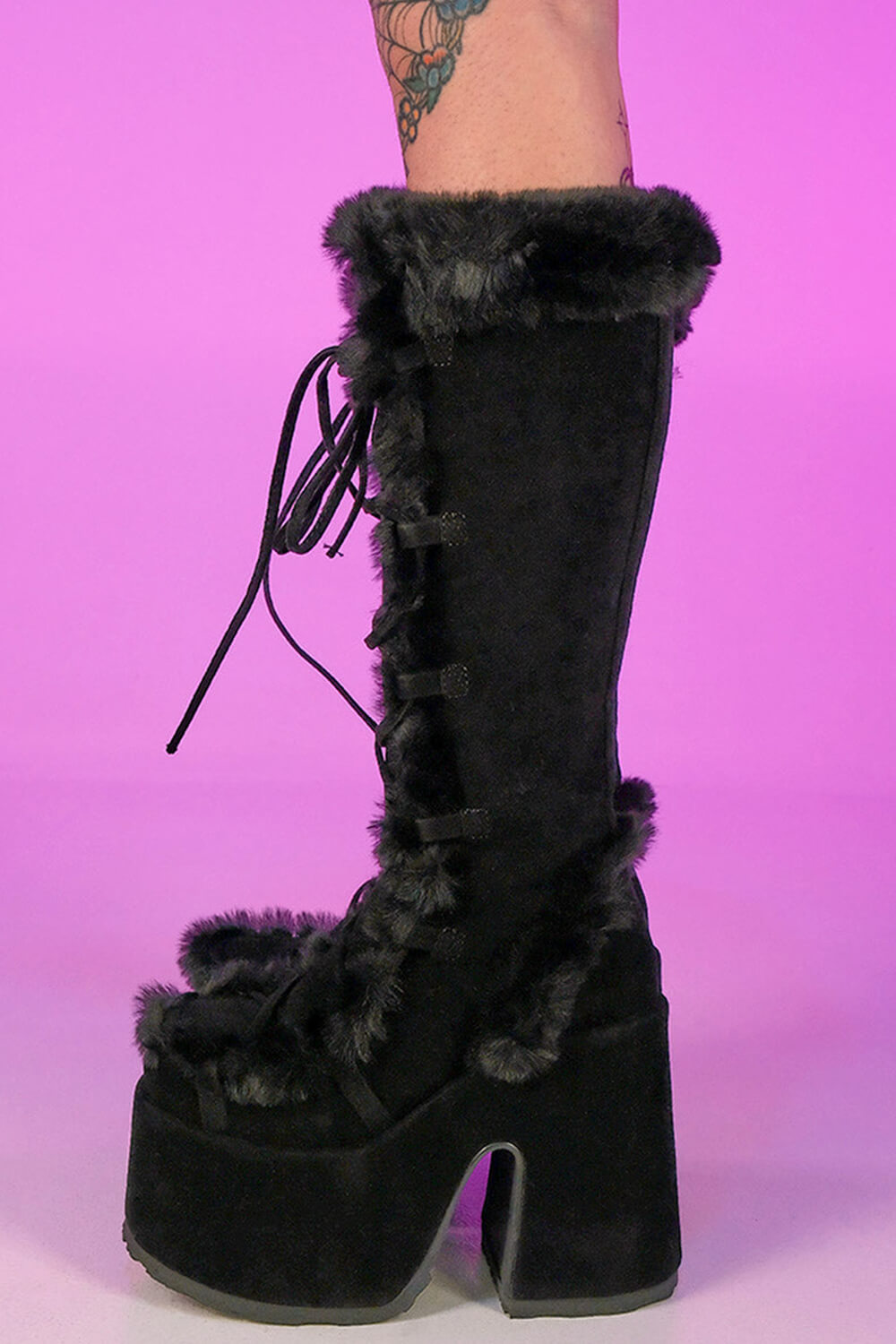 Faux Fur Lace-Up Knee High Chunky Platform Boots - Black