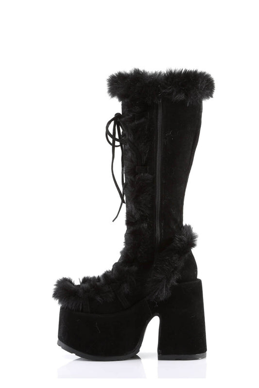 Faux Fur Lace-Up Knee High Chunky Platform Boots - Black