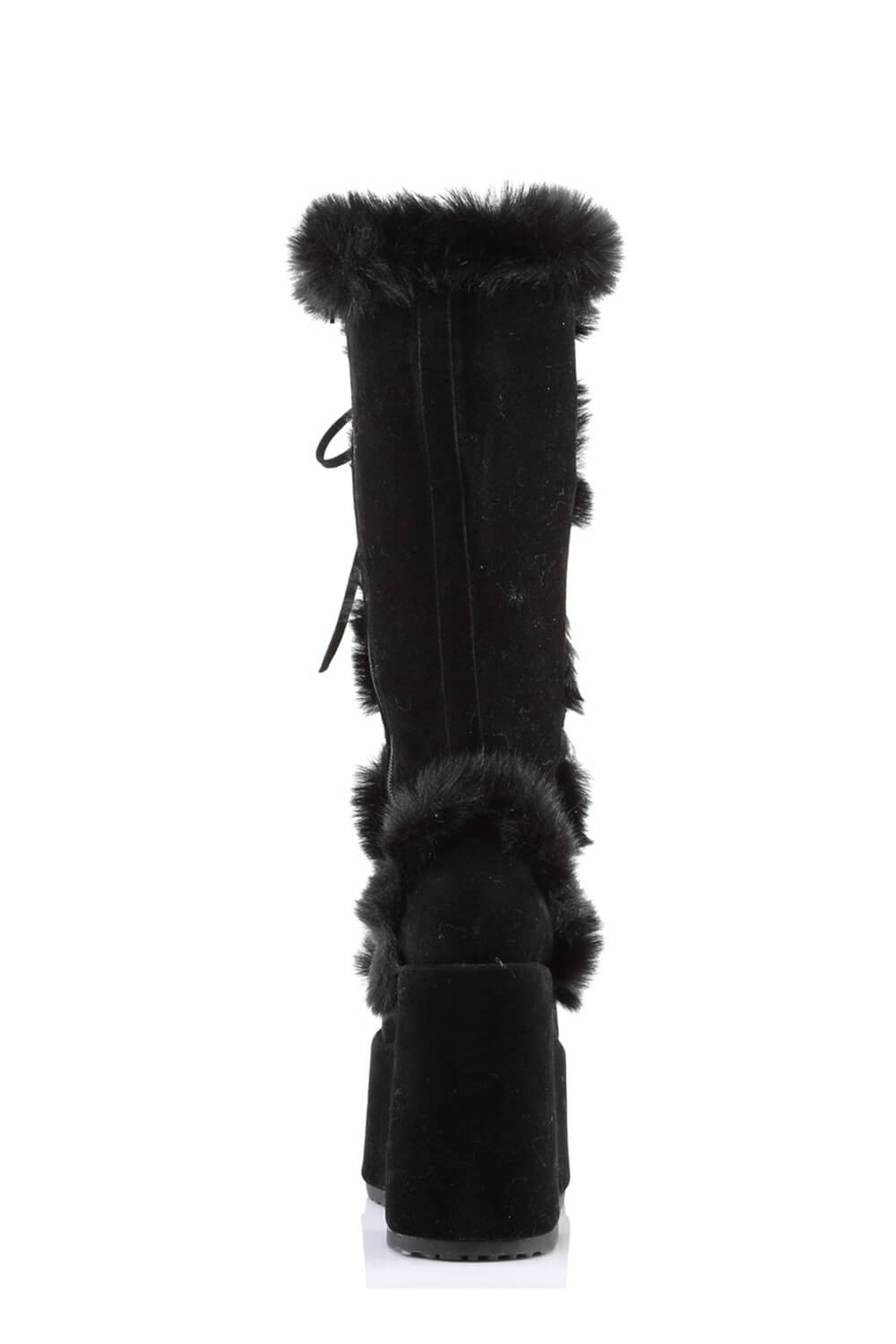 Faux Fur Lace-Up Knee High Chunky Platform Boots - Black