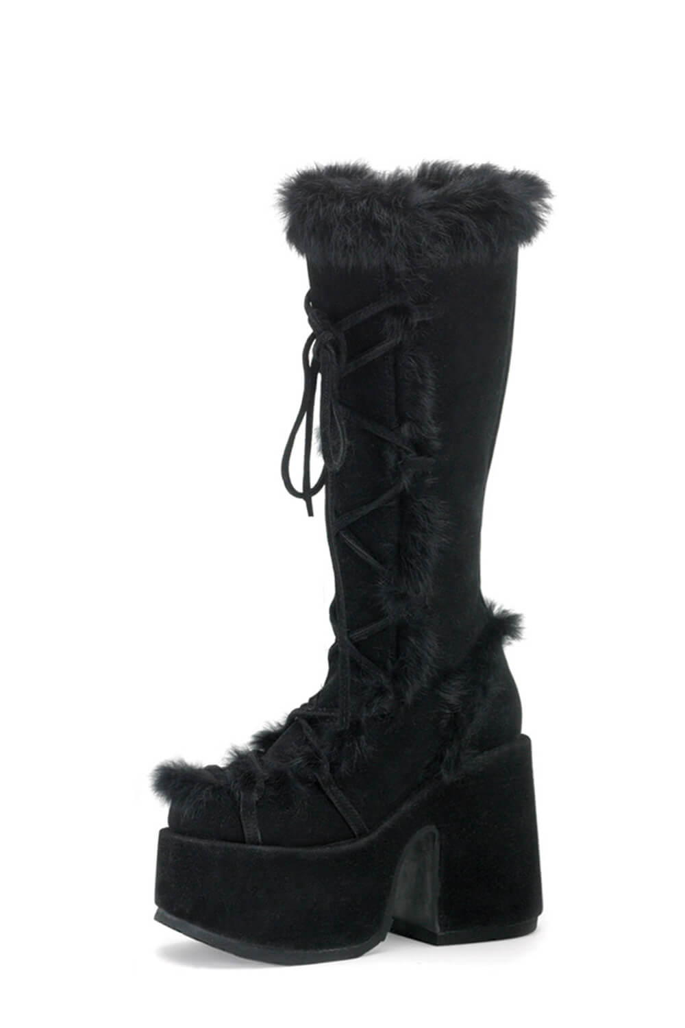 Faux Fur Lace-Up Knee High Chunky Platform Boots - Black