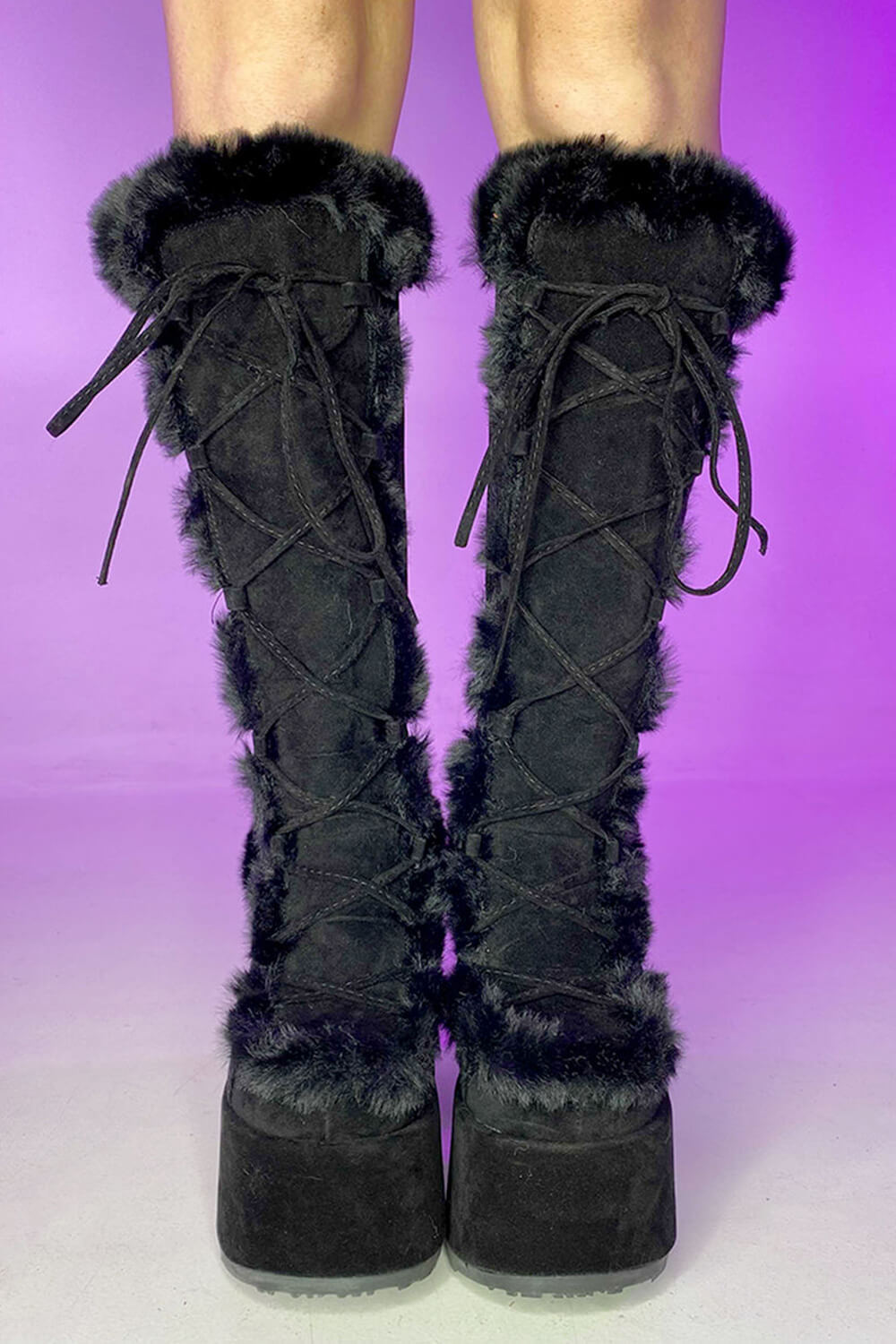 Faux Fur Lace-Up Knee High Chunky Platform Boots - Black