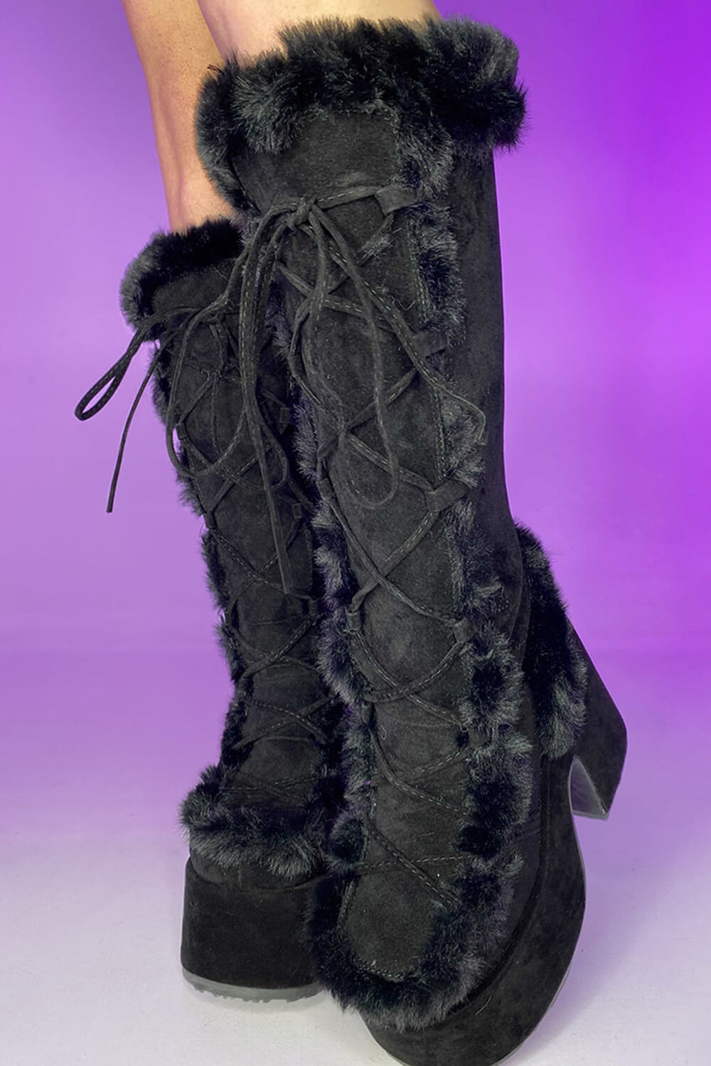 Faux Fur Lace-Up Knee High Chunky Platform Boots - Black
