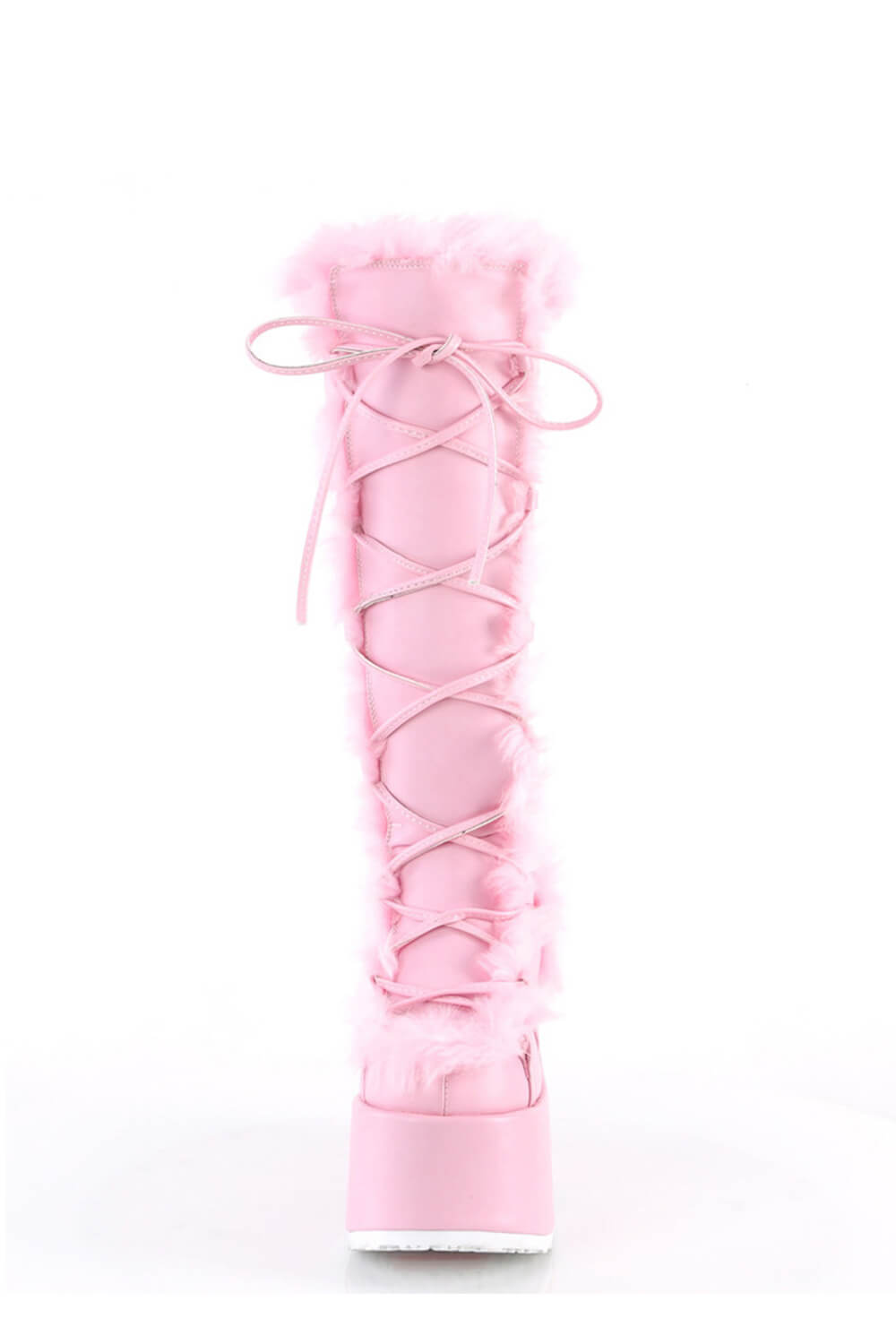 Faux Fur Lace-Up Knee High Chunky Platform Boots - Pink