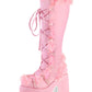 Faux Fur Lace-Up Knee High Chunky Platform Boots - Pink