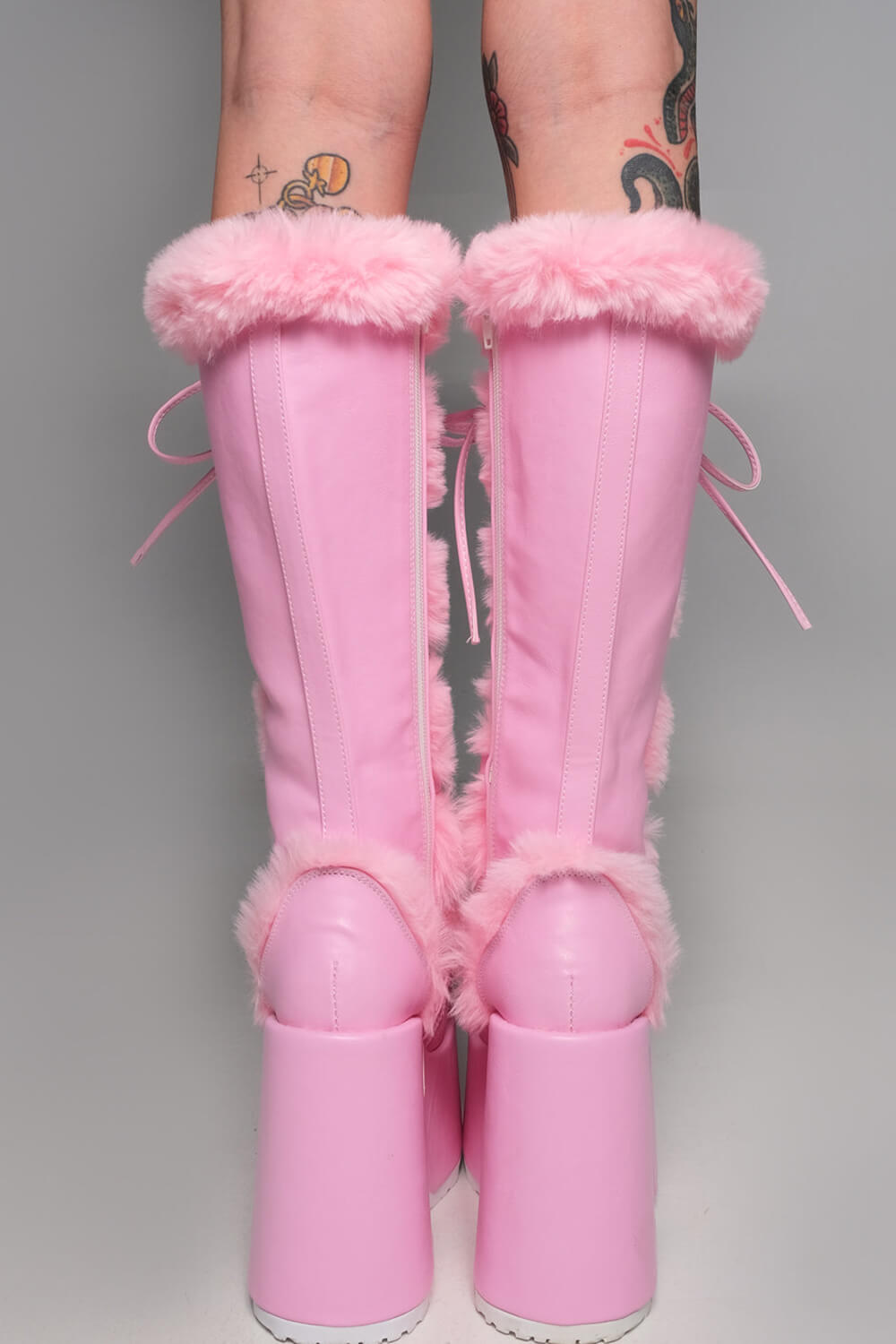 Faux Fur Lace-Up Knee High Chunky Platform Boots - Pink