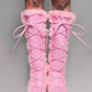 Faux Fur Lace-Up Knee High Chunky Platform Boots - Pink