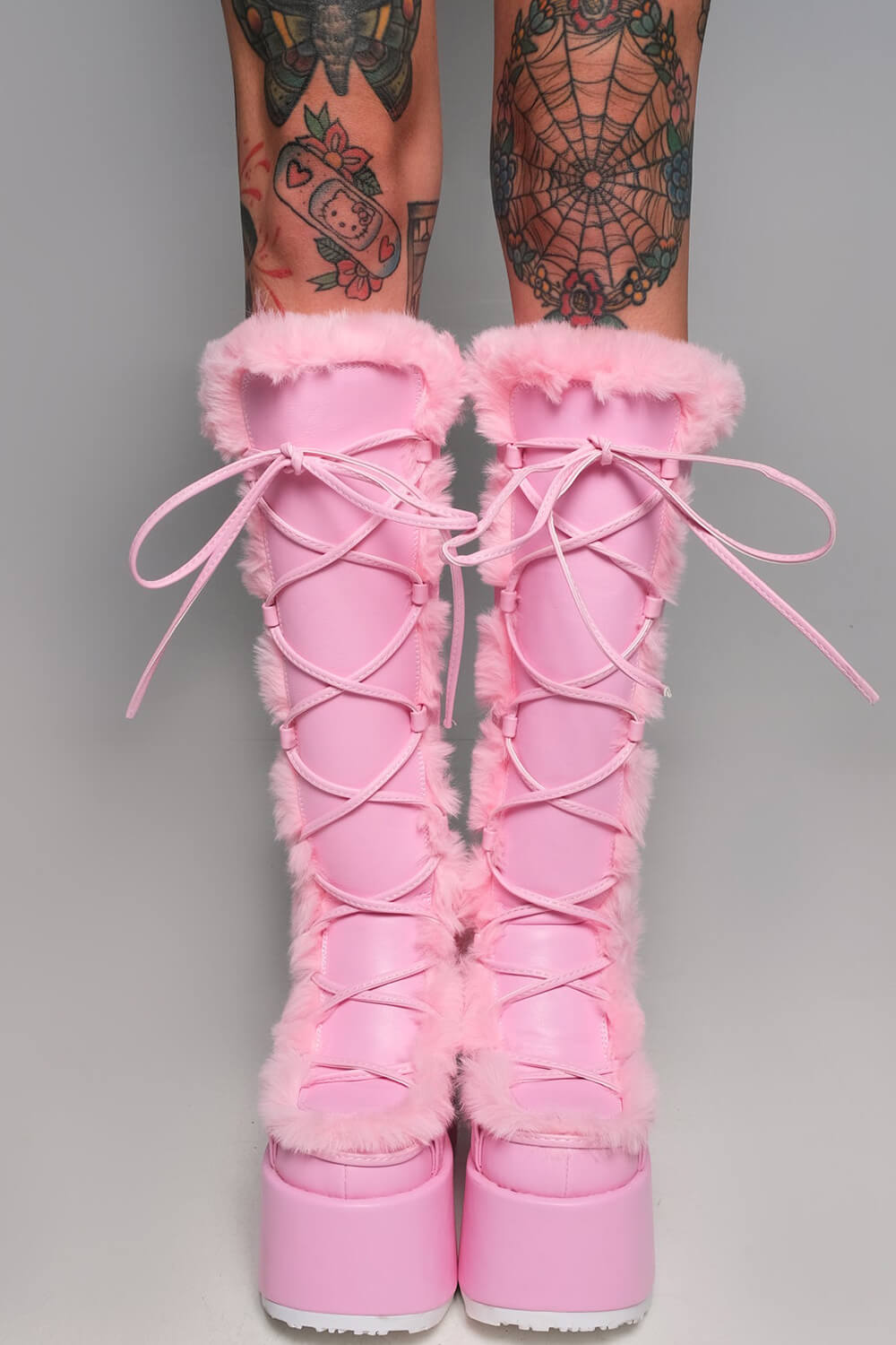 Faux Fur Lace-Up Knee High Chunky Platform Boots - Pink