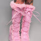 Faux Fur Lace-Up Knee High Chunky Platform Boots - Pink