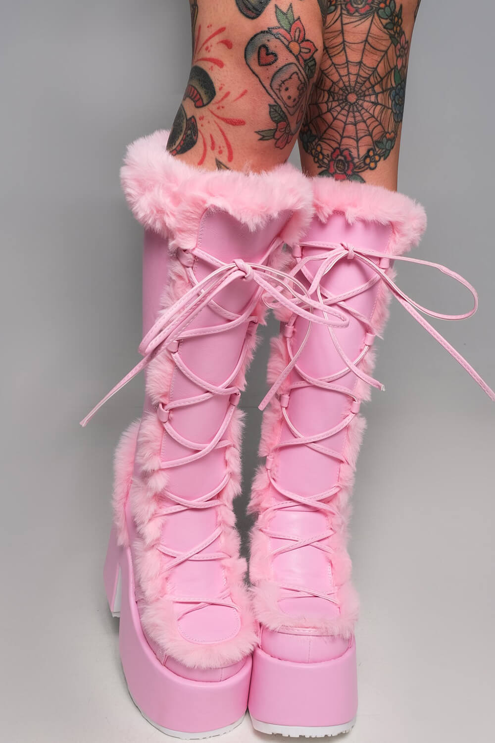 Faux Fur Lace-Up Knee High Chunky Platform Boots - Pink
