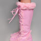 Faux Fur Lace-Up Knee High Chunky Platform Boots - Pink